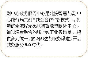 圓角矩形:副中心政務(wù)服務(wù)中心是北投智慧與副中心政務(wù)局共創(chuàng)“政企合作”新模式下，打造的全流程無感聯(lián)接智能型服務(wù)中心，通過深度融合的線上線下業(yè)務(wù)場景，提供多元統(tǒng)一、觸網(wǎng)即達(dá)的服務(wù)渠道，開啟政務(wù)服務(wù)5.0時代。